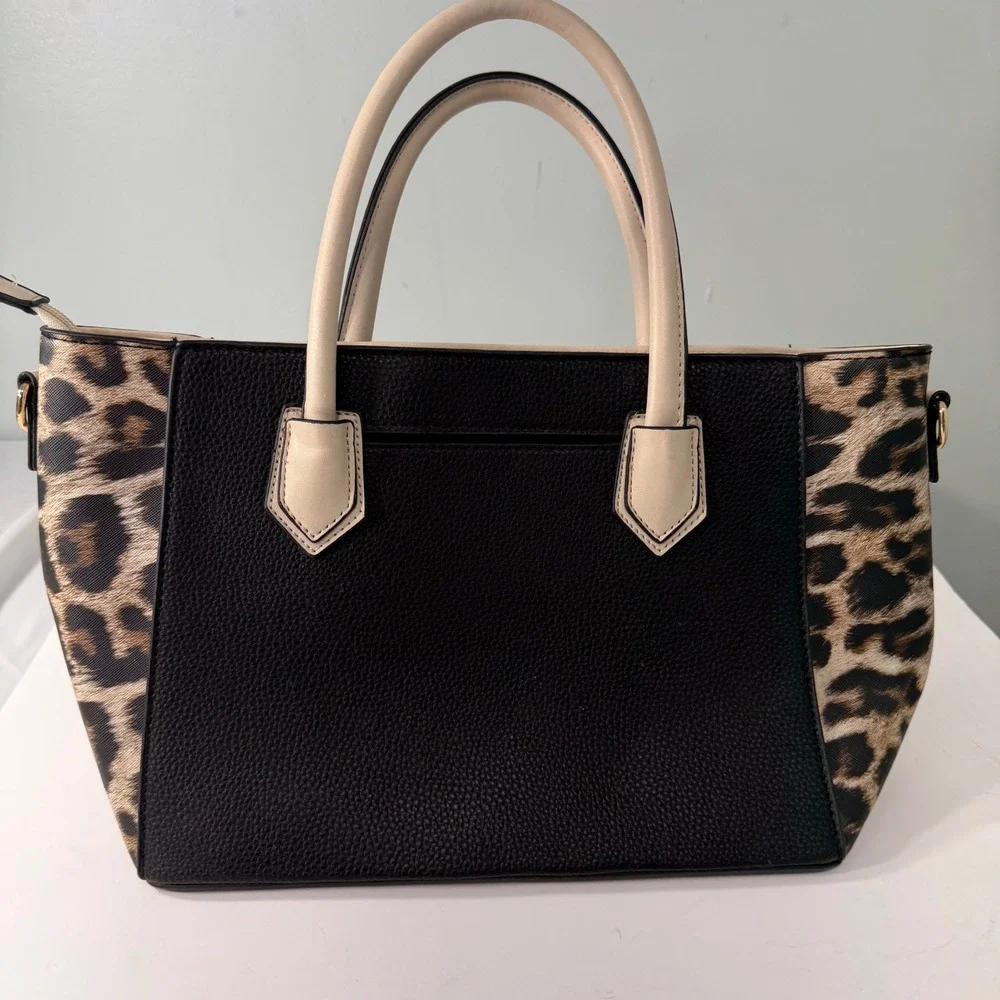 Adrienne Vittadini Black Faux Leather Leopard Print Satchel Handbag